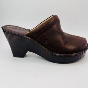 Born Mule Size 8 / 39 Wedge Heel Platform Clog Brown Leather Slip On Shoe